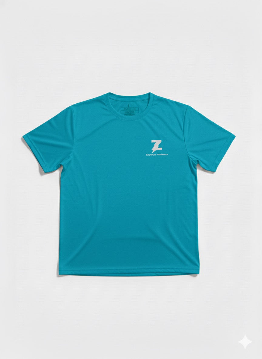 Teal blue dry fit t-short with logo's on the front and the back.