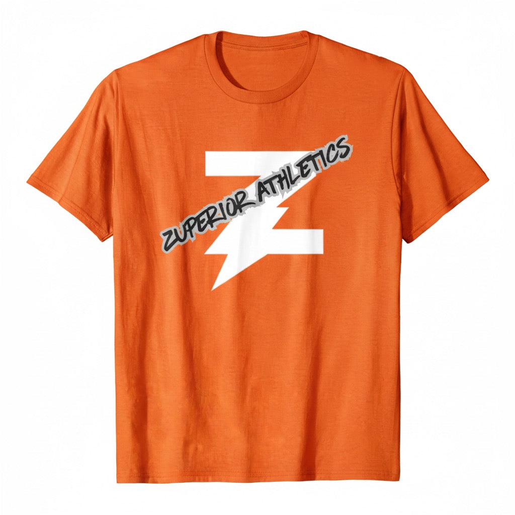 Orange t-shirt with 'Zuperior Athletics' logo on the back