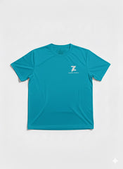 Teal blue dry fit t-short with logo's on the front and the back.