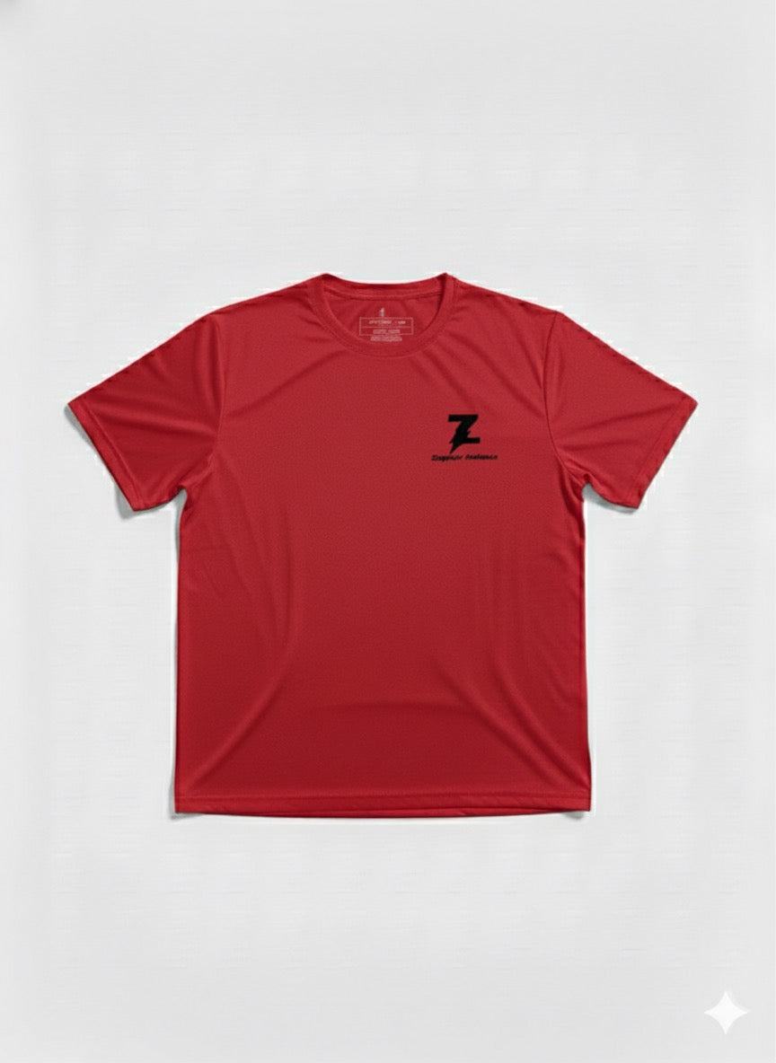 Red shirt with black logo