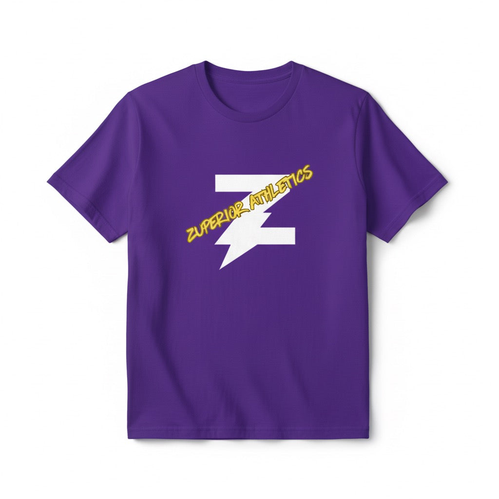 Purple t-shirt with yellow and white logo